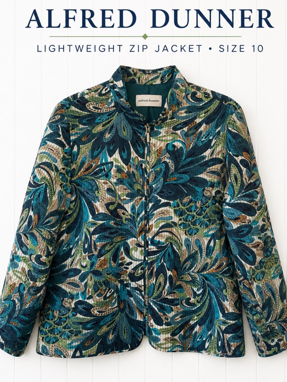 👉 Alfred Dunner Women’s Lightweight Zip Jacket Teal Paisley Size 10